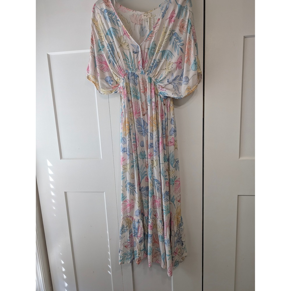 World Market Tropical Floral Maxi Dress Pastel Pink Blue Yellow V-Neck S/M
